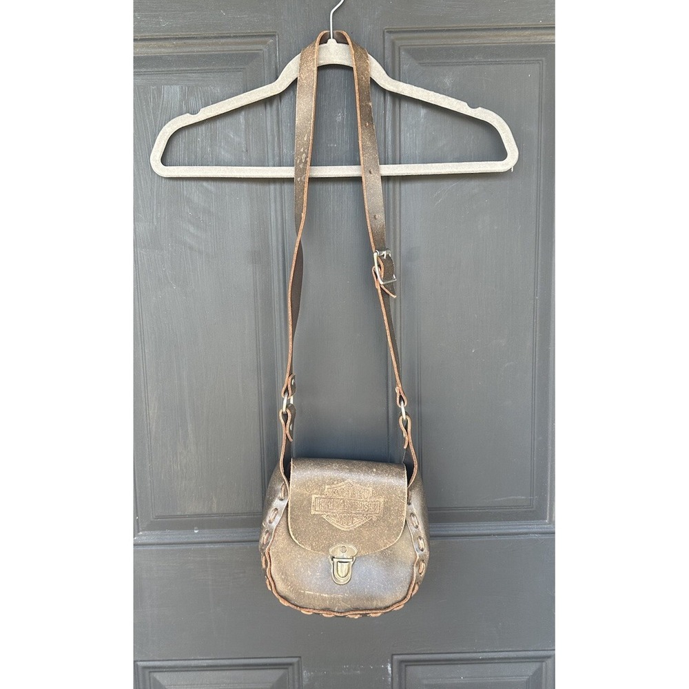Vintage Harley Davidson‎ Hand Tooled Brown Leather Crossbody Handbag Purse